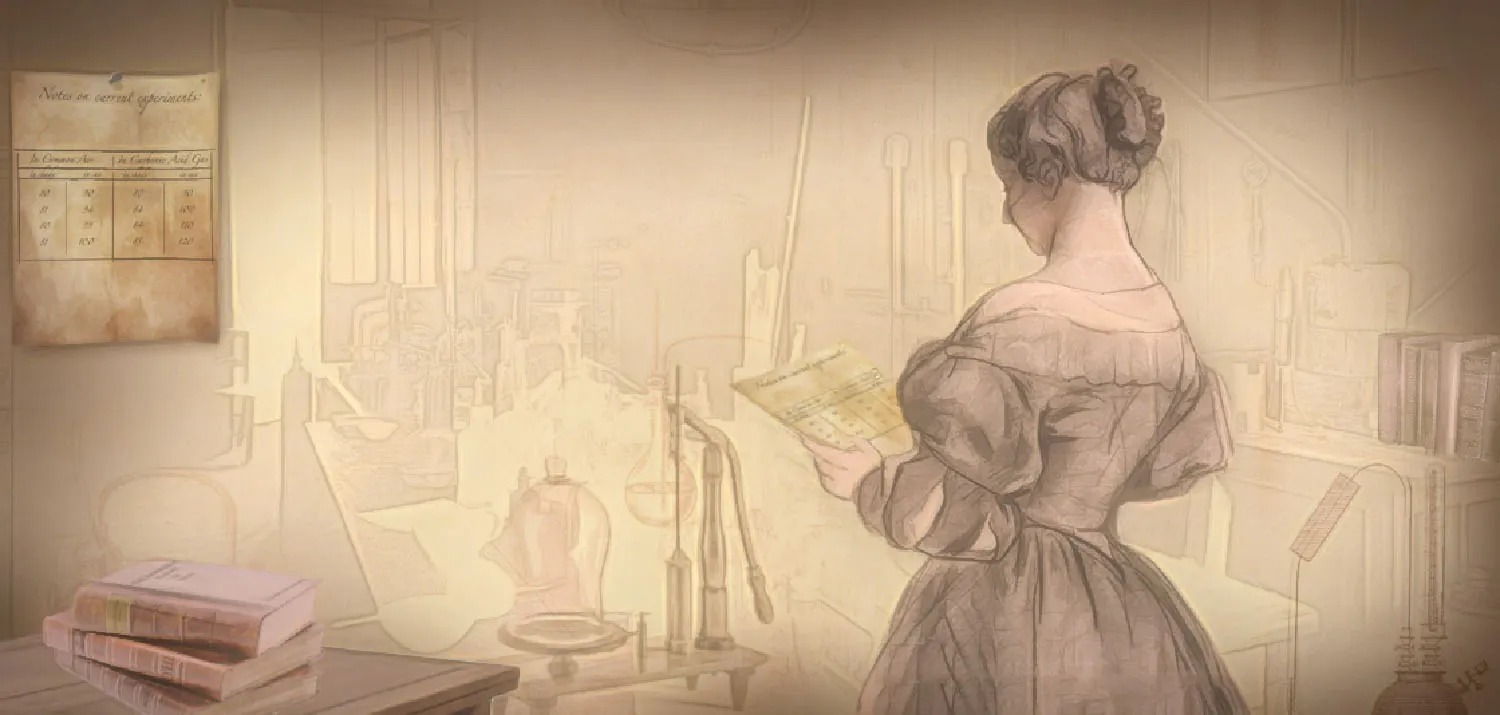 A drawing of a person standing while holding a paper on which appear to be data tables. In the background are various instruments including flasks and pumps.