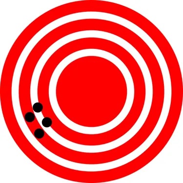 A pattern similar to a dart board with a few concentric circles shown in white color on a red background. Near the outermost white circles there are four black points showing the positions of a restaurant. The black points are very close to each other.