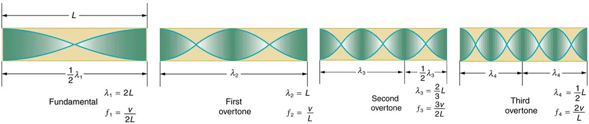 The resonant frequency waves in a tube open at both ends are shown. There are a set of four images. The first image shows a tube of length L marked fundamental having half a wave. The maxima of the vibrations are on both the open ends of the tube. The second image shows a tube of length L marked first over tone having a full wave. The maxima of the vibrations are on both the open ends of the tube. The third image shows a tube of length L marked second over tone having a full wave and a half. The maxima of the vibrations are on both the open ends of the tube. The fourth image shows a tube of length L marked third over tone having two full waves. The maxima of the vibrations are on both the open ends of the tube.