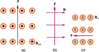 Figure a shows the force vector pointing up and B out of the page. Figure b shows the F vector pointing up and the B vector pointing to the right. Figure c shows the F vector pointing to the left and the B vector pointing into the page.