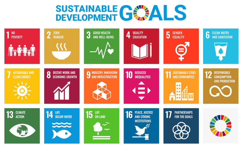 United Nations Sustainable Development Goals poster listing each goal on a coloured square with icons illustrating the goal, arranged in three rows of six squares; 18th square is SDG logo