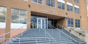 Facade and entrance of the DeGroote School of Business at McMaster University