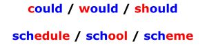 Could, would, and should all share similar word clusters. Schedule, school and scheme likewise share similar word clusters.