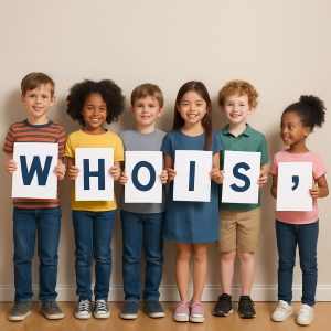 In this picture, six children are standing in a line, each holding a letter and one holding an apostrophe.