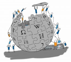 little people adding puzzle pieces to wikipedia logo