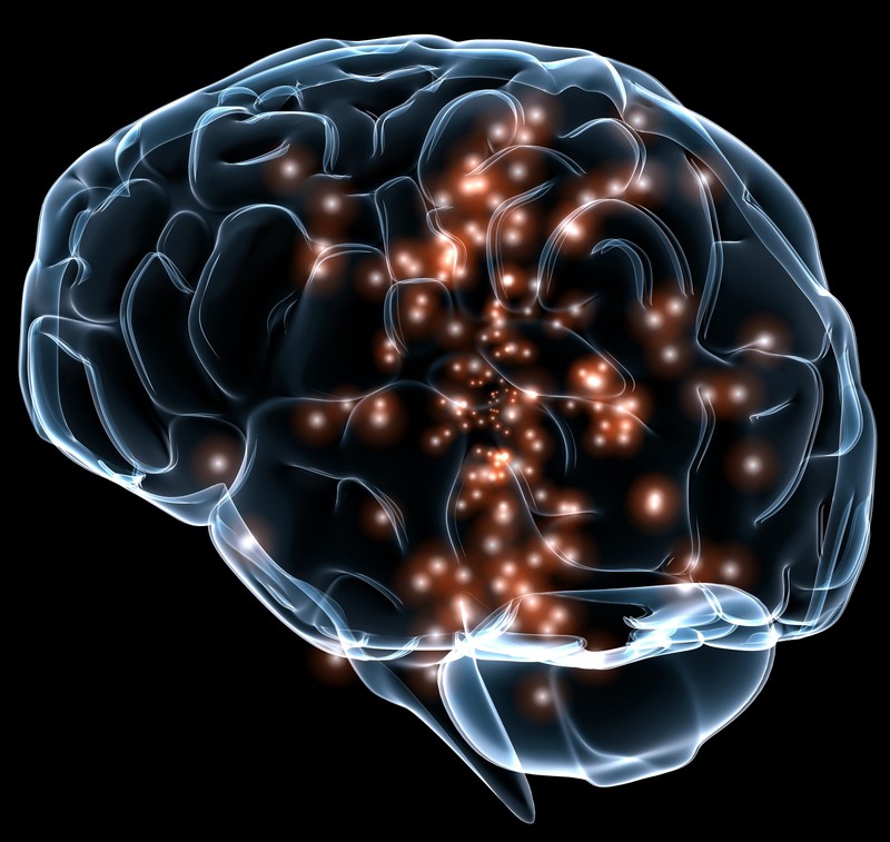 outline graphic of brain with firing information