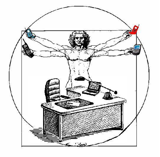 vitruvian man holding cell phones at an office desk