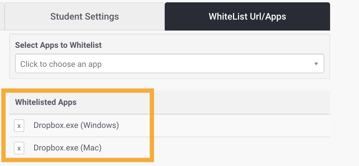 screenshot of ProctorTrack Whitelisting App screen showing whitelisted dropbox (Mac) and dropbox (PC)