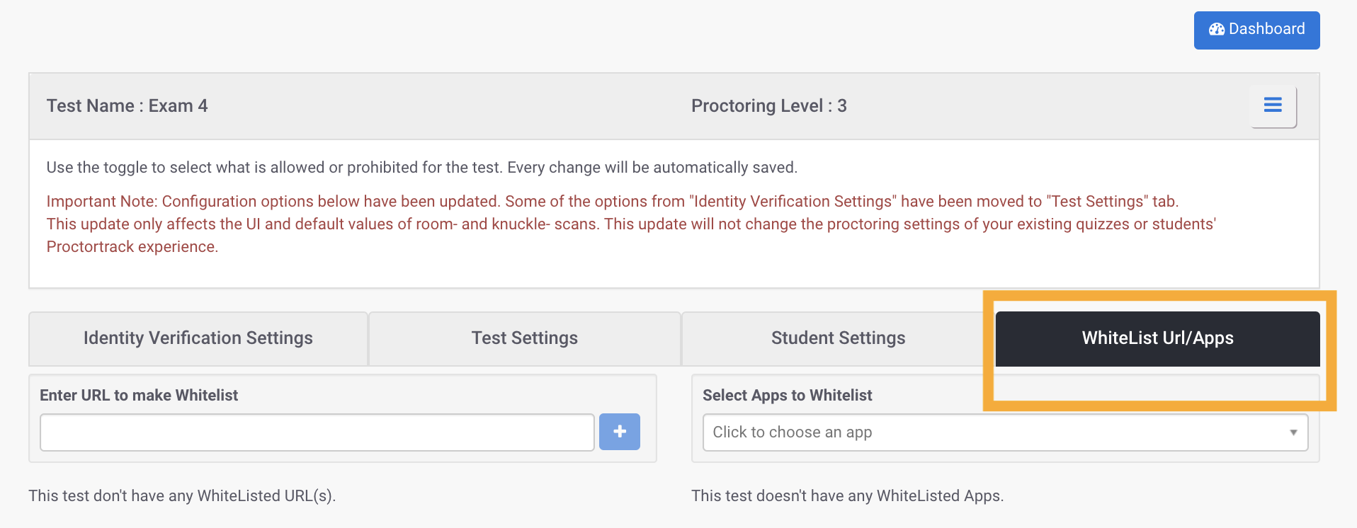 screenshot of ProctorTrack WhiteList Settings Page