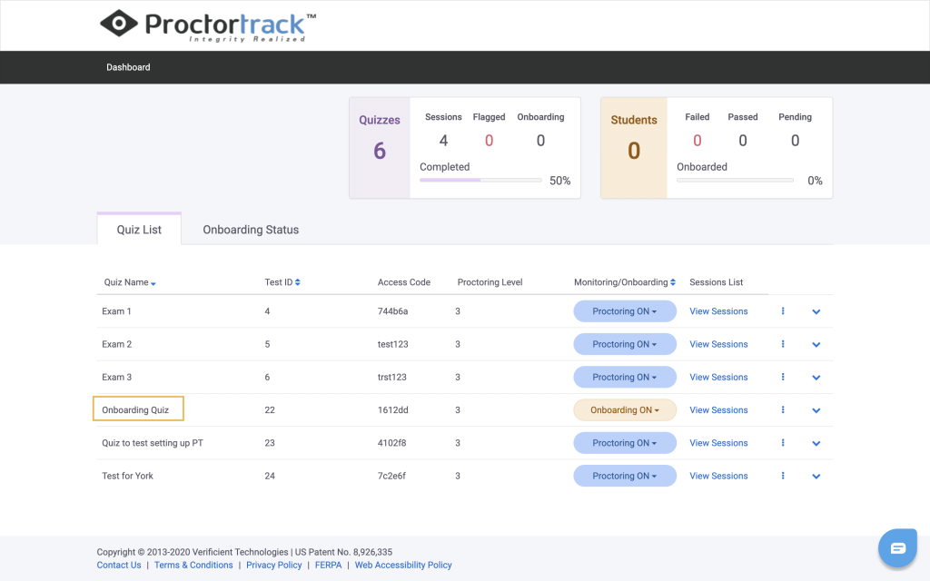 Proctortrack instructor dashboard showing that an onboarding quiz has been added.