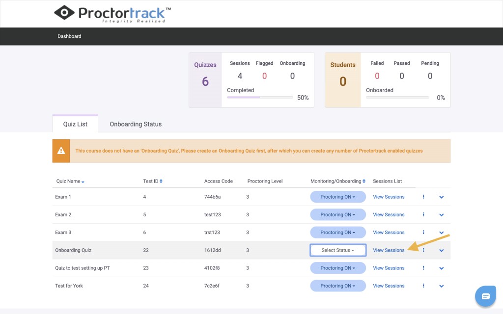 Proctortrack instructor dashboard, with an arrow pointing to the "View Sessions" link in the Session List column.