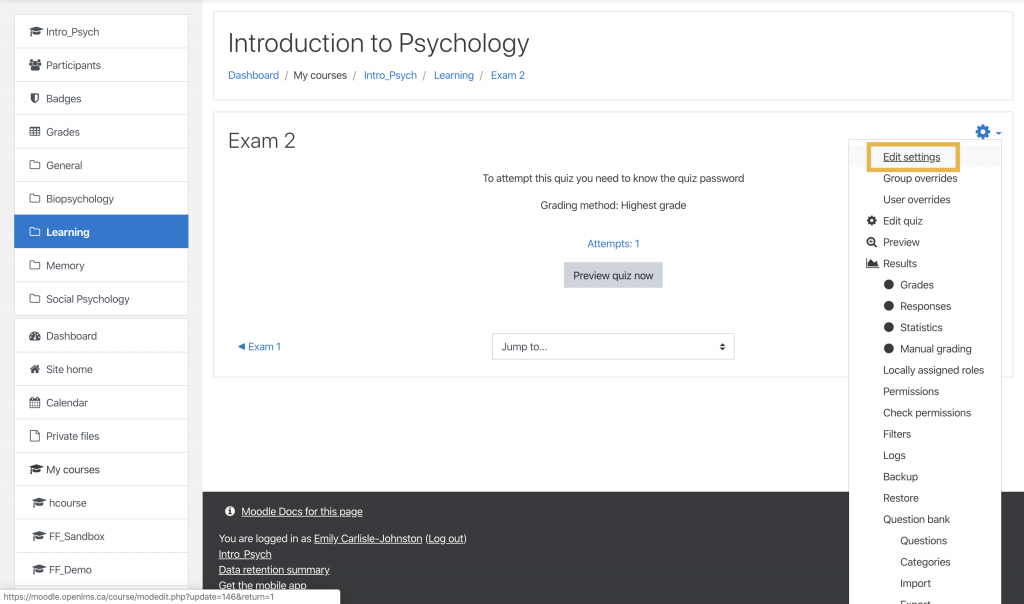 A Moodle LMS interface showing "Editing settings" within an exam.