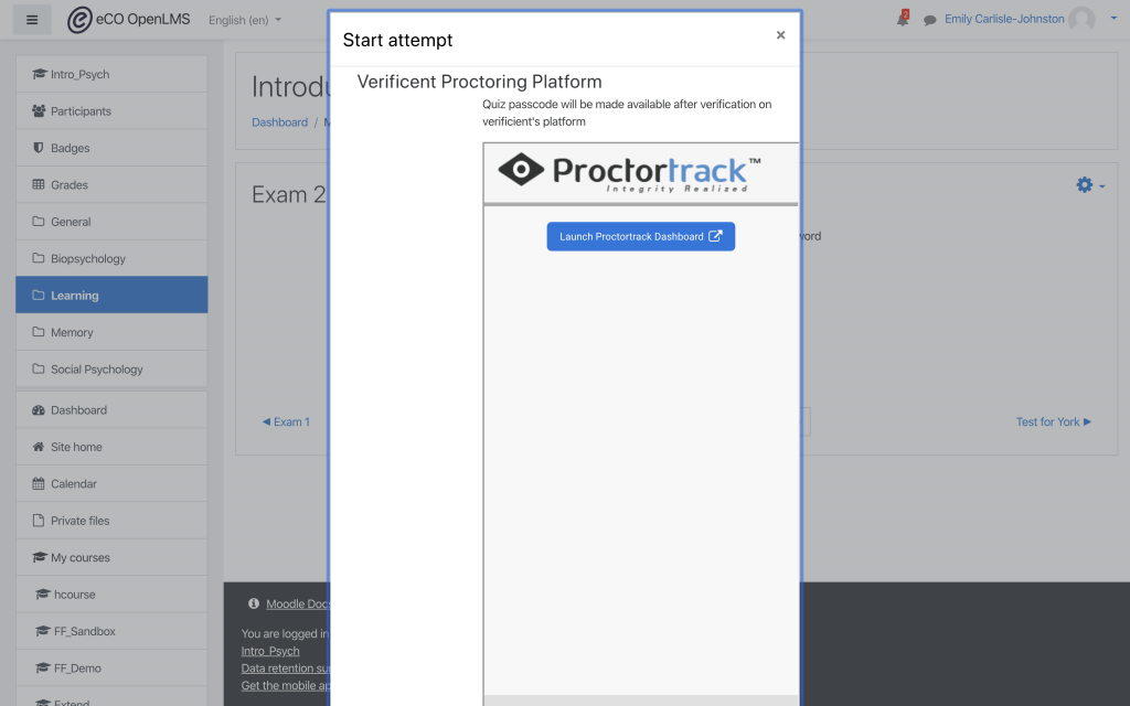 Moodle LMS interface with a Proctortrack window overlay, on which you can launch the Proctortrack dashboard.