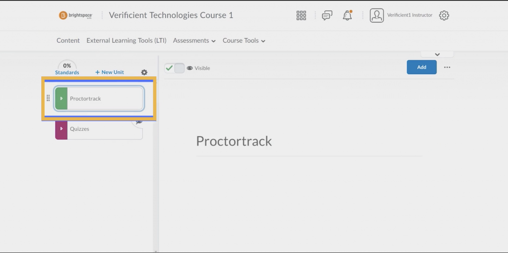 Brightspace LMS page showing the Proctortrack option within the Content tab.