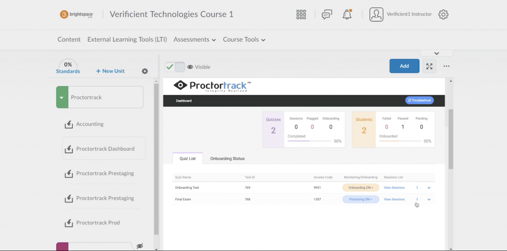 Proctortrack dashboard within the Brightspace LMS.