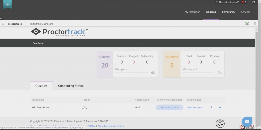 Proctortrack dashboard within the Blackboard LMS.