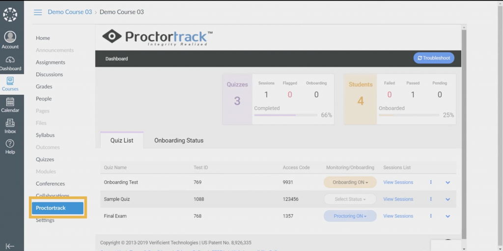 Canvas LMS interface within which the Proctortrack dashboard is featured.