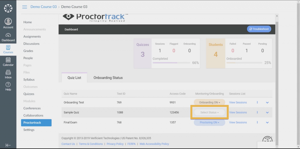 Proctoring dashboard within the Canvas LMS, with the Proctoring on setting highlighted.