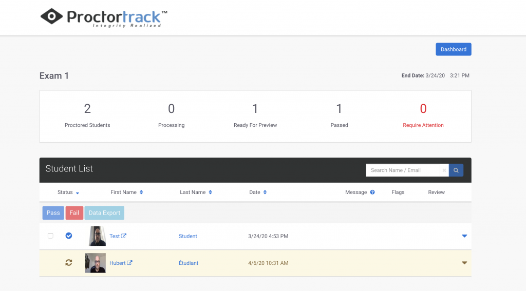 Proctortrack dashboard showing list of students whose proctoring data has been submitted.