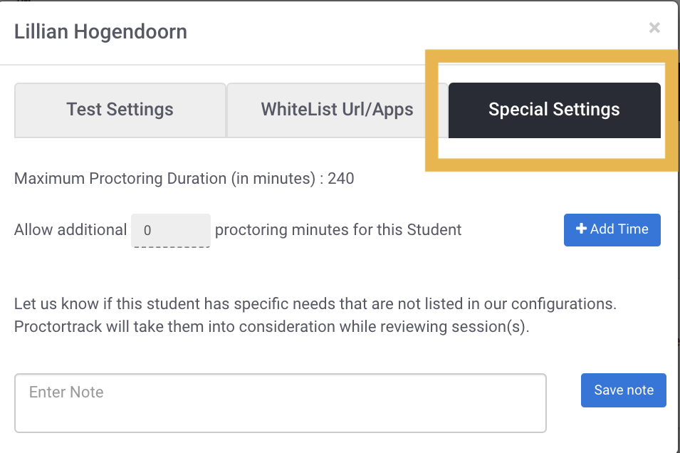 Proctortrack dashboard showing the window in which special settings can be set for an individual student.