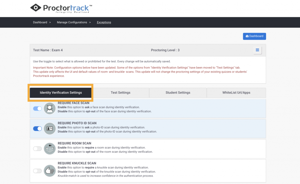 screenshot of proctortrack Identity verification settings screen