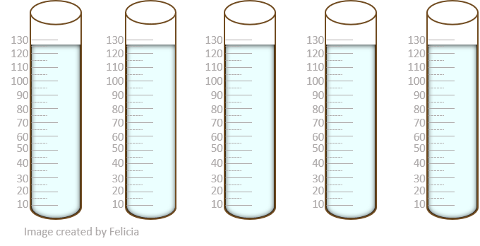 Image showing 5, 130 mL test tubes containing exactly 125 mL of solvent in each tube.