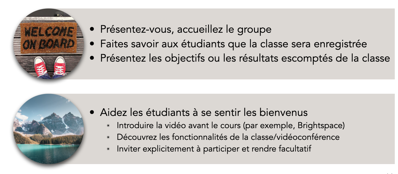 A) Présentez-vous, accueillez le groupe Faites savoir aux étudiants que la classe sera enregistrée Présentez les objectifs ou les résultats escomptés de la classe B) Aidez les étudiants à se sentir les bienvenus Introduisez la vidéo avant la classe (par exemple, Brightspace) Faites le tour de la classe/les fonctionnalités de la vidéoconférence Invitez explicitement les étudiants à participer et rendez-les facultatifs