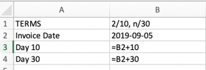 Excel spreadsheet showing adding days to dates
