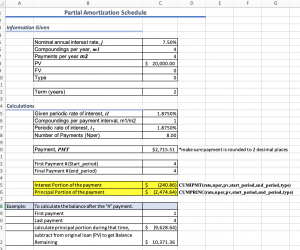 screen shot of partial loan calculations
