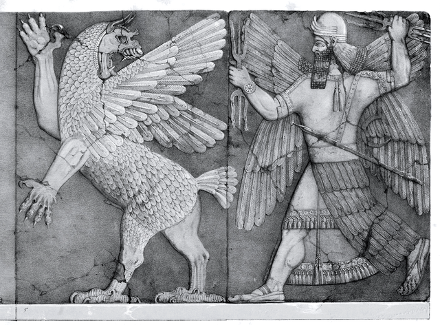 Mesopotamian god (with thunderbolts) battles Gryphon