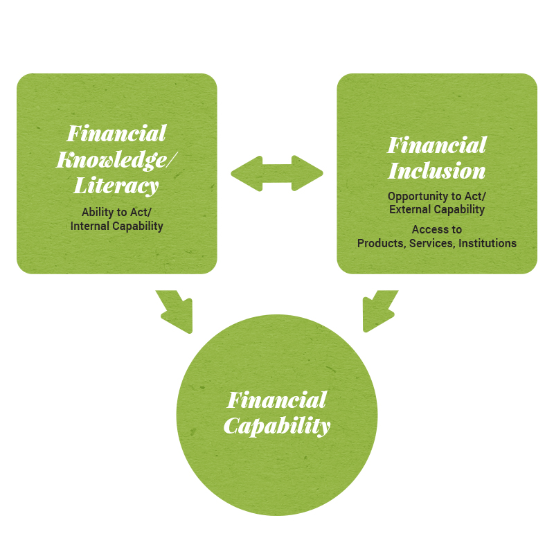 triangular diagram showing inter-relationships between financial knowledge/literacy , financial capability, and financial inclusion