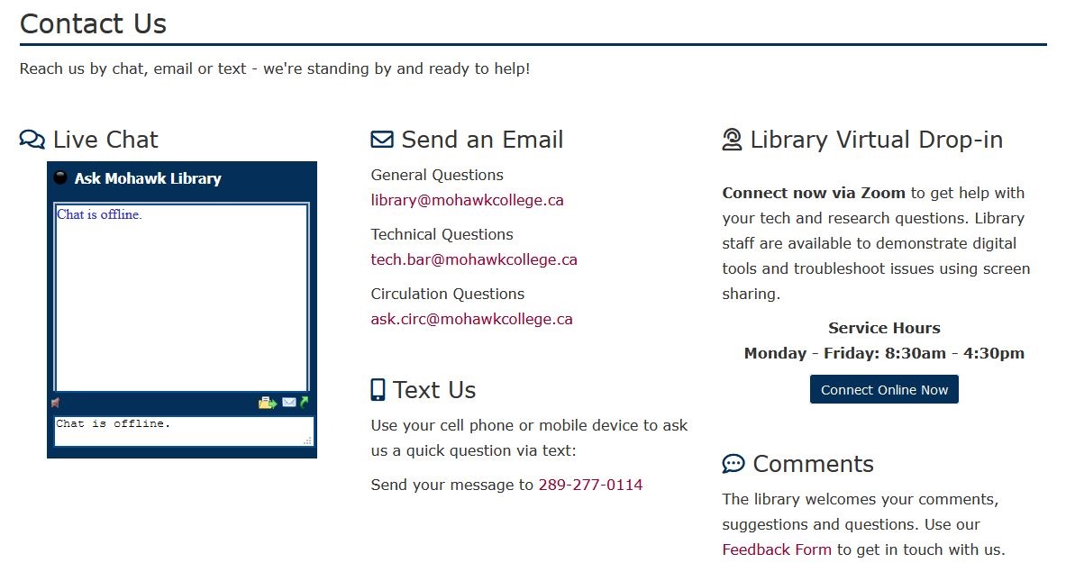 Screenshot of the Library's Help Page showing all the different ways to reach the Library for help.