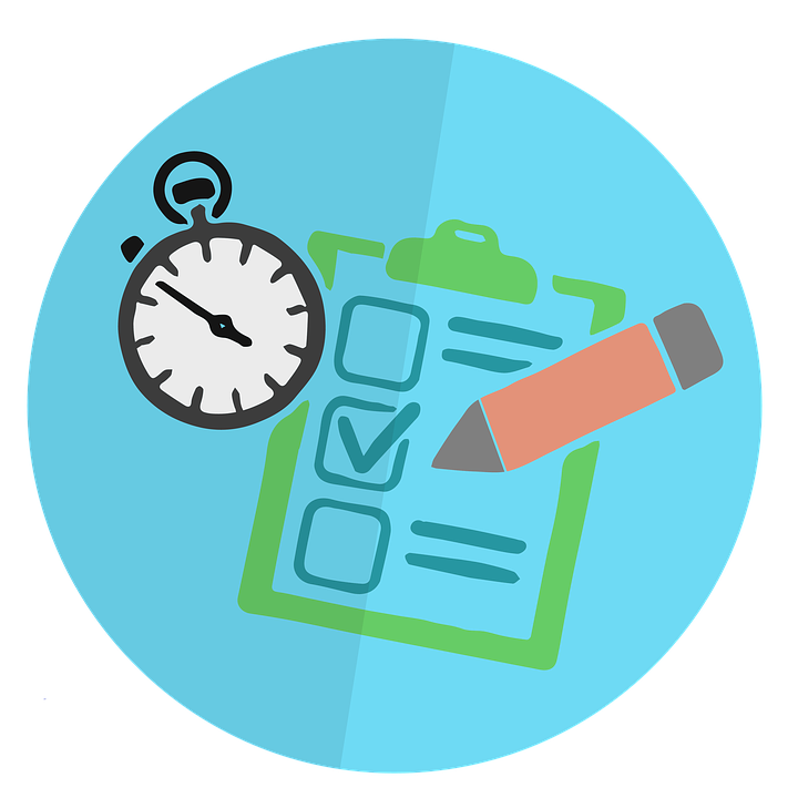 cartoon including a stopwatch and a pencil marking a checkbox on a clipboard