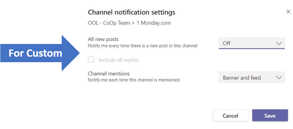 The custom channel notification option window on MS Teams