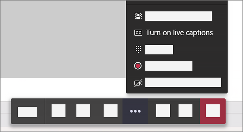 An image displaying how to access the "Turn on live captions" option, from the "More options" menu of the Teams Meeting toolbar. 