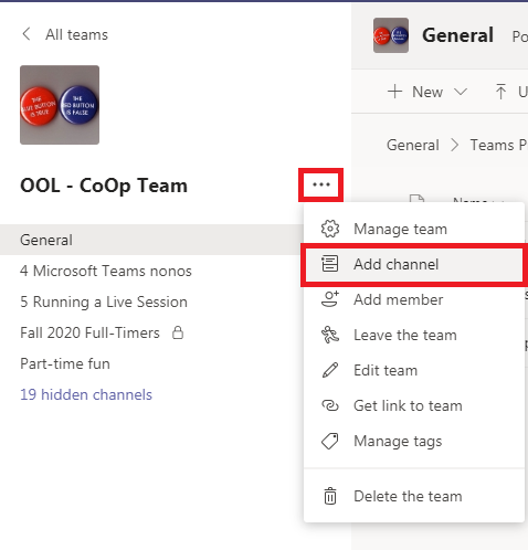 An image displaying the "Add channel" option within Team options.