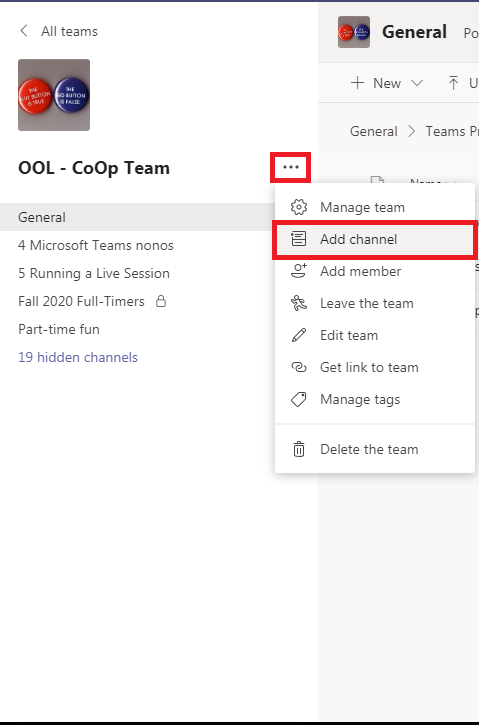 An image displaying the "Add channel" option within Team options.