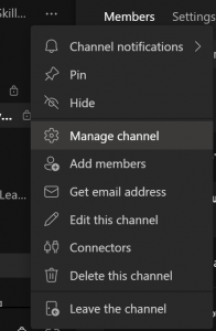screenshot showing the dropdown menu of options for a channel