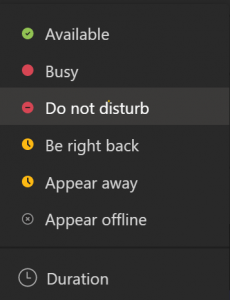 screenshot depicting the status options on MS Teams
