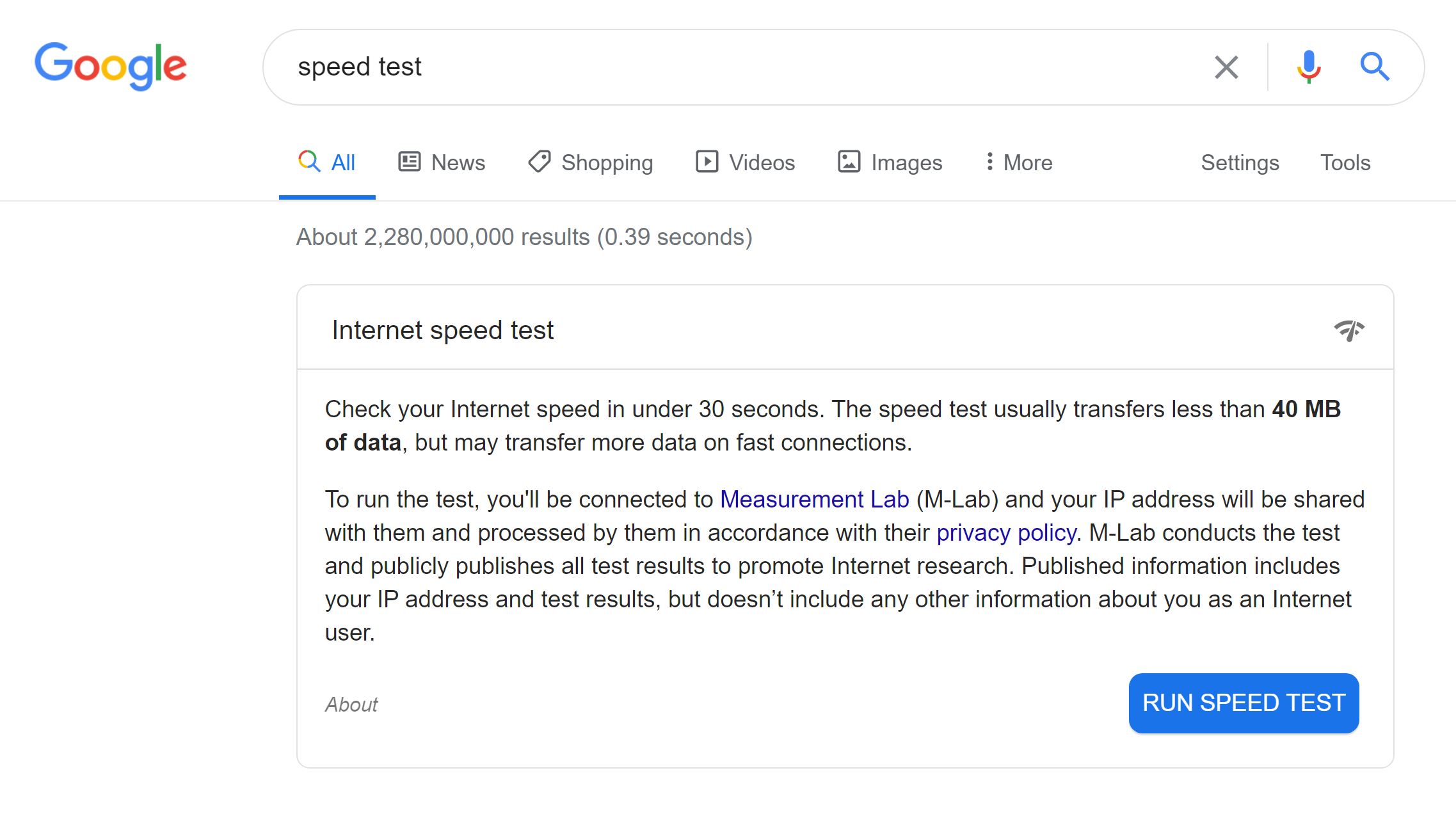 Image showing the google internet speed test