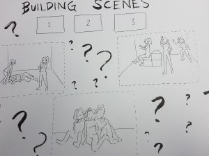 Three panel sketch of youth creating scenes during workshop.