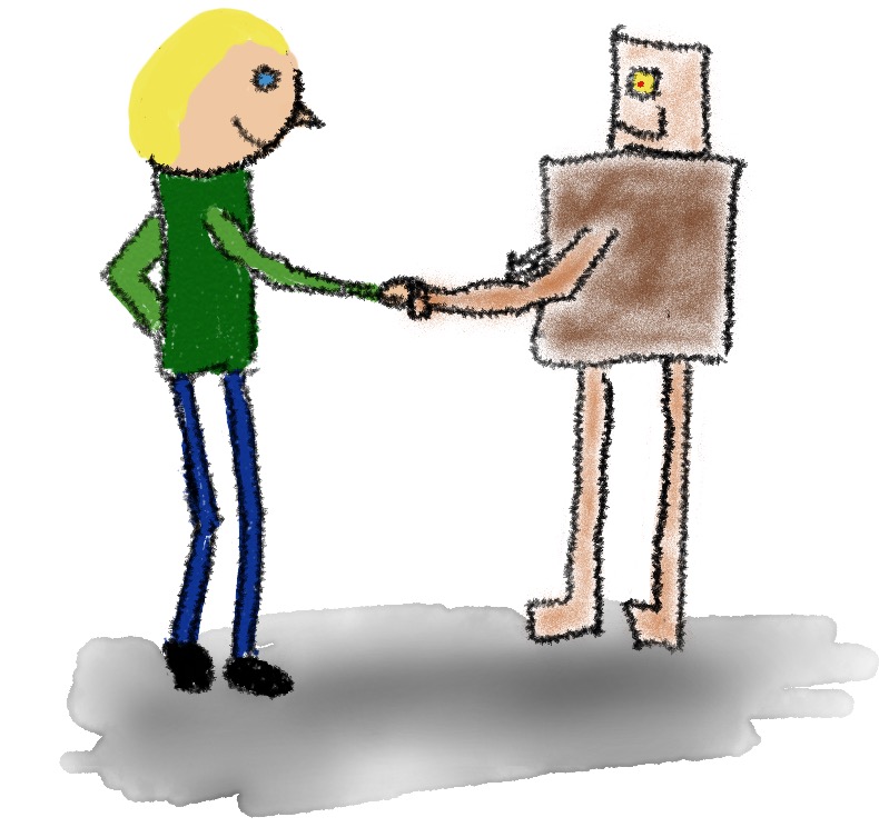 A drawing of a man and robot shaking hands symbolising trust between computers and humans.