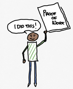 A stick person holding up a sign reading "Proof of Work", while saying "I did this!"