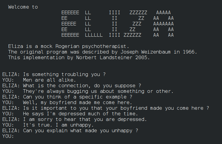 A screenshot of ELIZA, a mock Rogeria psychotherapist computer program.