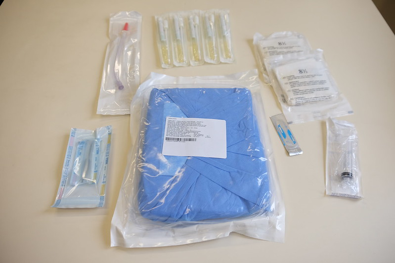 A variety of medical supplies that have been sterilized with gamma irradiation and packaged in plastic.