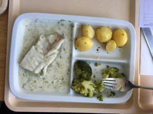 A hospital tray with a divided plate containing fish, broccoli and potatoes.