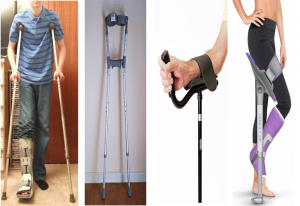 Four different sets of crutches, side by side.